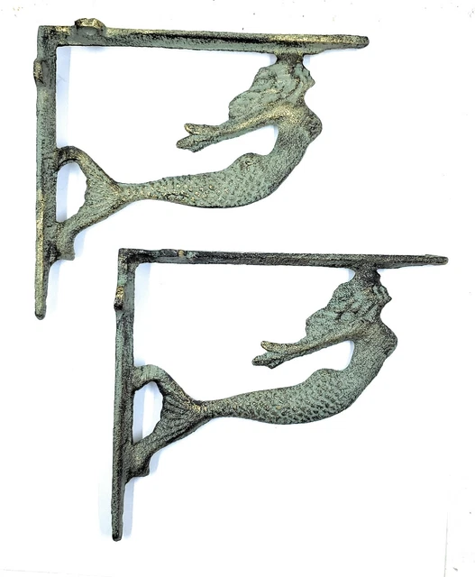 Cast Iron Mermaid Shelf Brace Brackets Nautical Ocean Beach Home Decor Set of 2