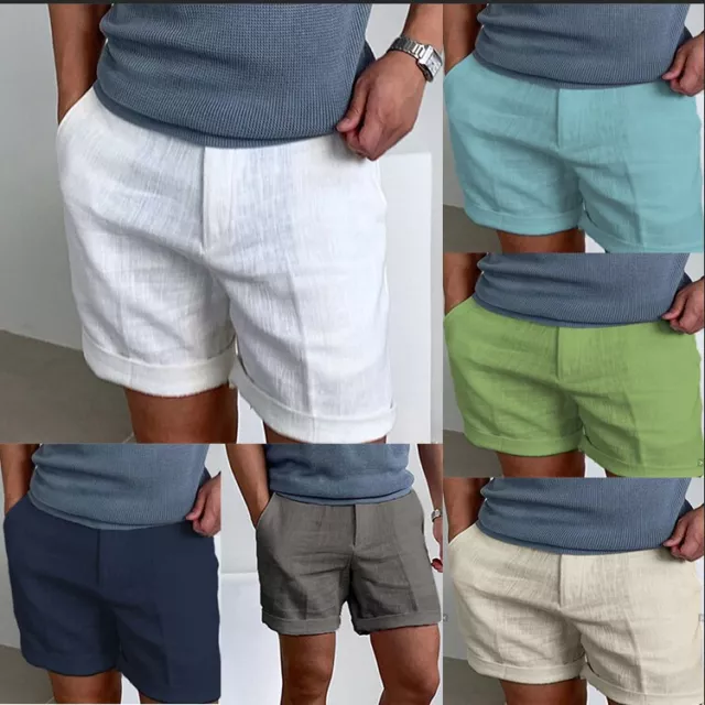 Mens Linen Smart Casual Summer Shorts Above Knee Soft Cotton Beach Shorts