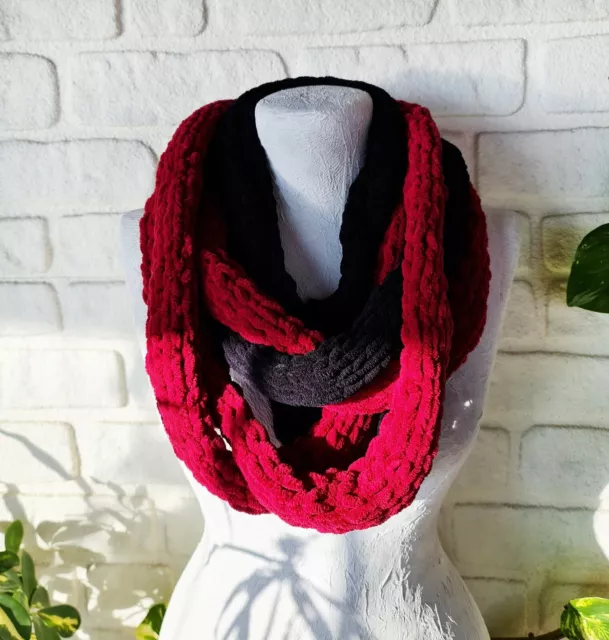 Hand crochet loose weave black-red  velvet cord fancy shawl-gift for friend