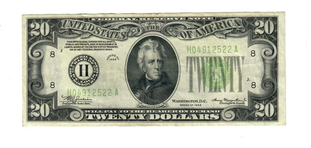 1934 $20 Federal Reserve Note St. Louis Non-Mule XF/AU