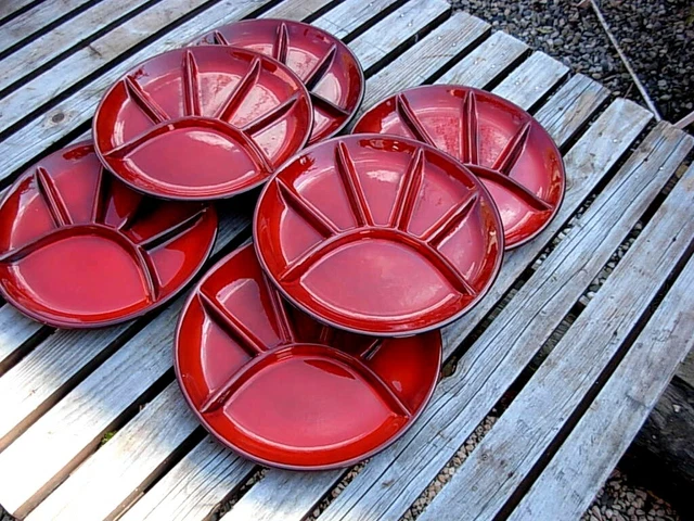 Lot 6 assiettes à fondue Nomar France compartiments crudités vintage rouge 70
