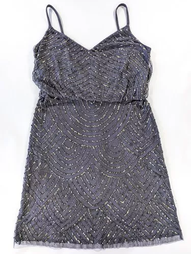 Womens 16 ADRIANNA PAPELL Sequin Art Deco Blouson Dress in Silver Gray