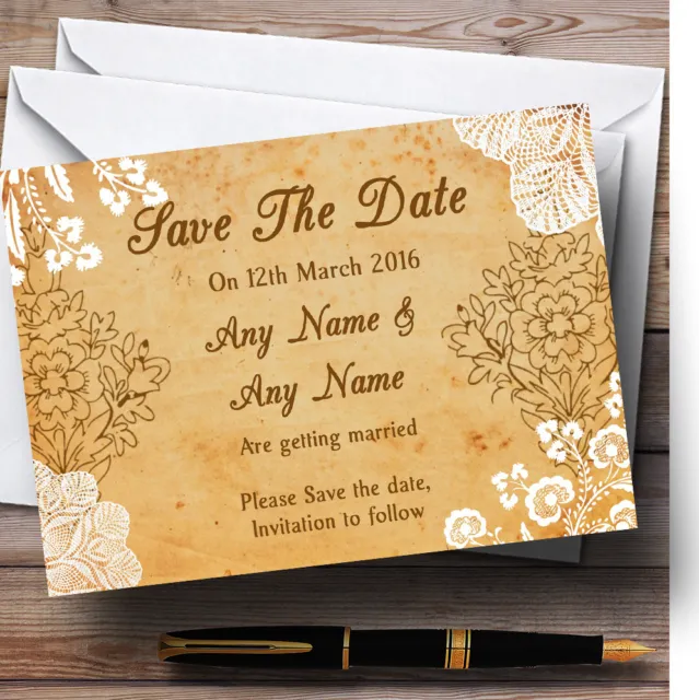 Shabby Chic rustikal Vintage Spitze personalisierte Hochzeit Save the Date Karten