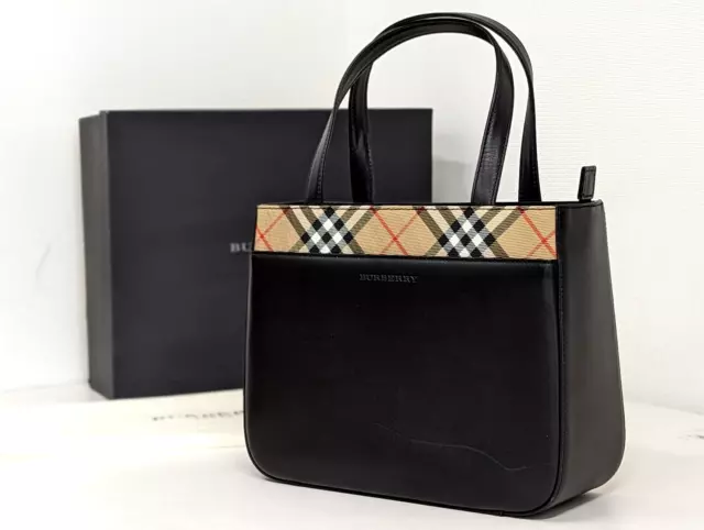 Burberry London Leather Black Nova Check Handbag Tote Bag Authentic w/box bag