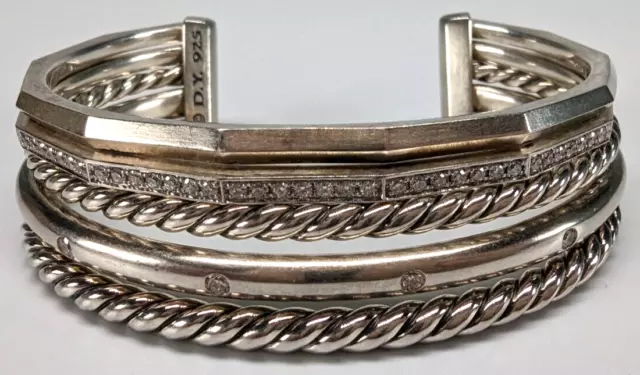 David Yurman Stax 5 Row Cuff Bracelet Sterling Silver with Diamonds