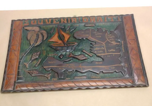 Vintage Wooden Hand Carved Primitive Souvenir D' Haiti Wall Plaque / Plate 26x16