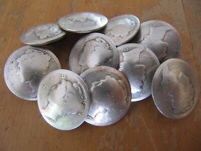 Original 10C Mercury Dime 90% Silver Coin Shank Buttons Handmade 10 Pcs Lot!