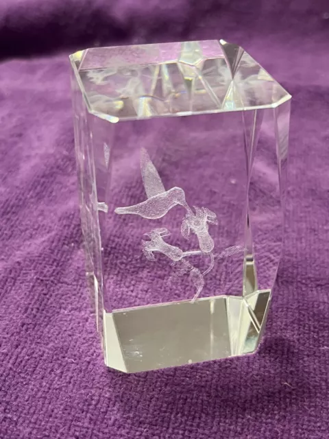 Hummingbird Flower Glass Paperweight Laser Etched Crystal Cube Holographic 3D