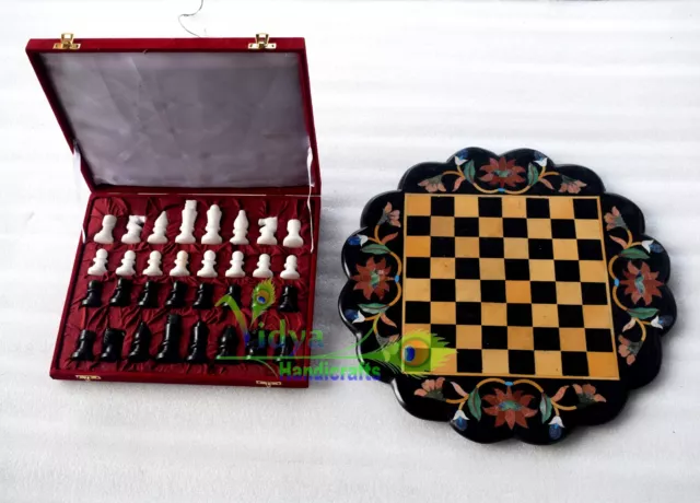 18" Black Marble Chess Table Top Handmade Inlay Marquetry Art Home Decor Gift