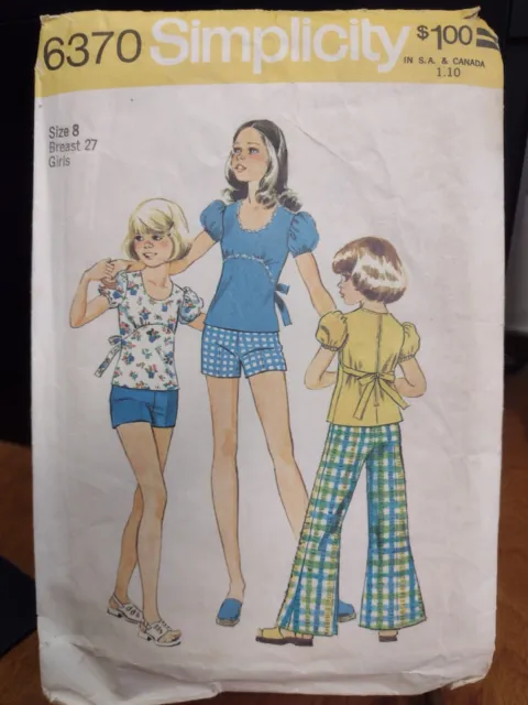 Vintage Simplicity Pattern 6370 Girls' Bell-Bottom Pants/Shorts/Top Size 8(1974)