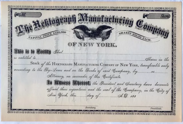 Hektograph Manufacturing Company Stock Certificate N.Y