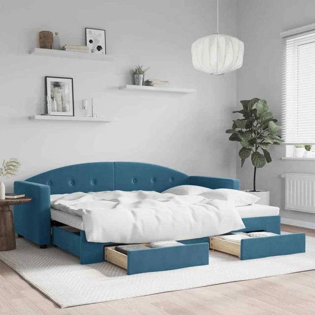 Lit Simple | Lit Adulte | Lit De Jour Avec Gigogne Et Tiroirs Bleu 80x200 Cm Velours Cfw29975 90642915