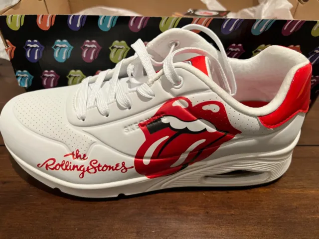 NEW Womens SKECHERS UNO - THE ROLLING STONES White Red LEATHER Shoes AUTHENTIC