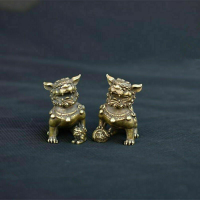 2PC Chinese Ancient Bronze Brass Fengshui Foo Fu Dog Lion Beast Bixie Statue