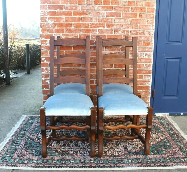 Set of 4 French Antique Louis XIV Walnut Dining Chairs ~ New Upholstery Blue ~