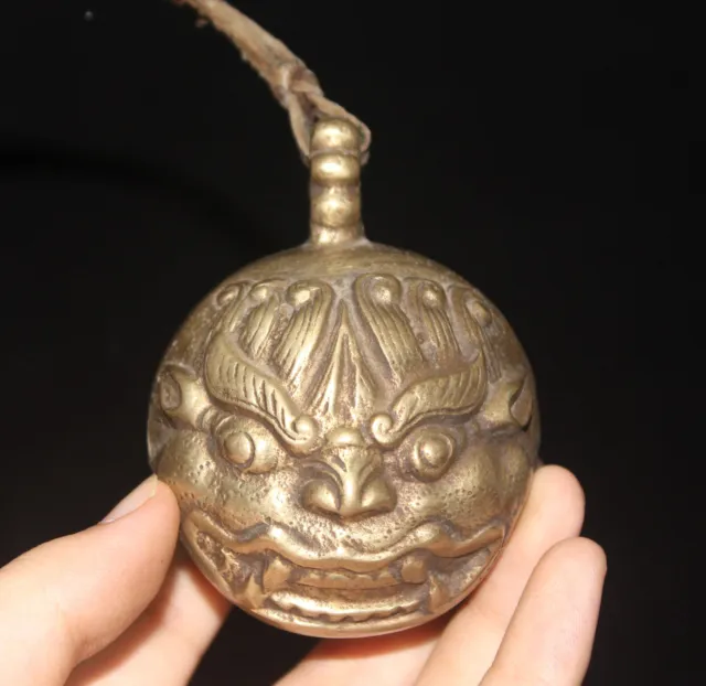 3.2" China bronze Gilt Feng Shui Lucky wealth animal head exorcism amulet bell