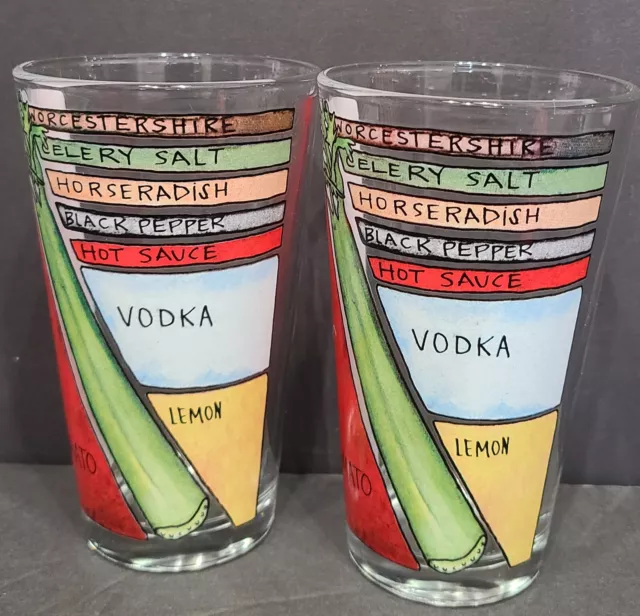 Bloody Mary Decorated Recipe Set of 2 16 oz Tall Barware Drinking Glasses