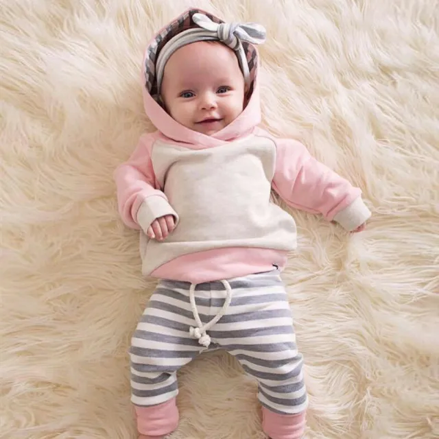 Newborn Baby Girl Clothes Stripe Hooded Tops Pants Toddler Outfits Set Tracksuit