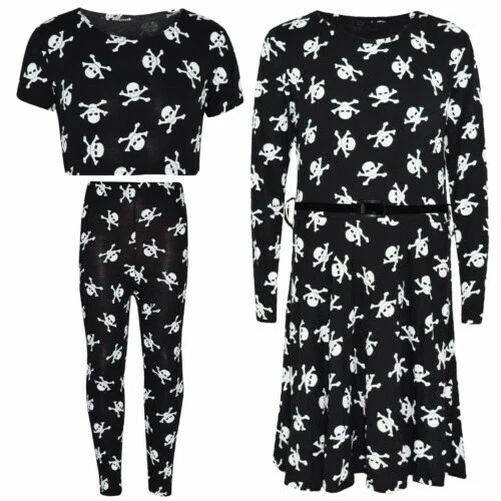 Bambine Teschio Top Corto Stampa Legging Skater Abito Costume Halloween 7-13