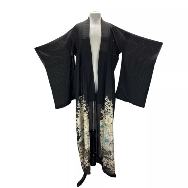 Vintage Japanese Kimono Robe, Black 1940s Kimono with Floral Print