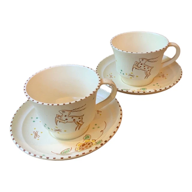 Honiton Pottery 1940s Woodland Leaping Stag Two Cups & Saucers Charles Collard