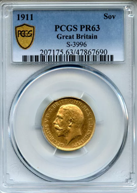 Great Britain UK 1911 Gold 1 Sovereign coin,  George V,  Rare  PCGS PROOF-63