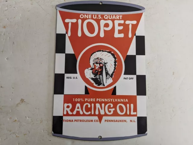 ! Vintage Tiopet Racing Motor Oil Can Porcelain Gas Pump Sign Gasoline