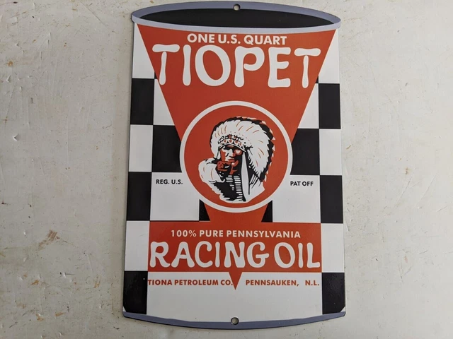 ! Vintage Tiopet Racing Motor Oil Can Porcelain Gas Pump Sign Gasoline