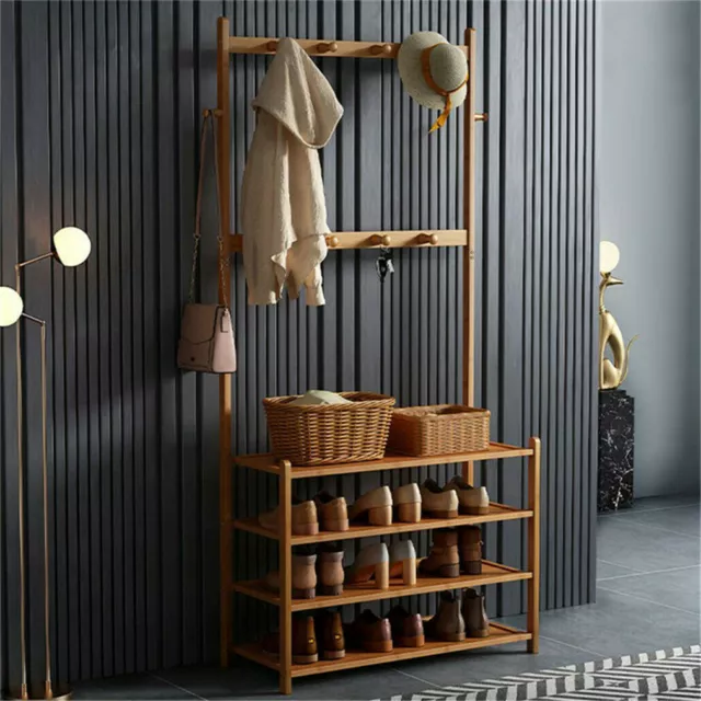 Large Wooden 5 Tiers Hat Coat Stand Clothes Shoe Rack Hanger Hooks Shelf Storage