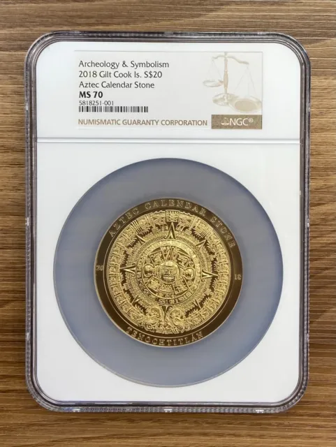 2018 Cook Islands AZTEC CALENDAR Gilded 3 Oz Silver Coin NGC MS70