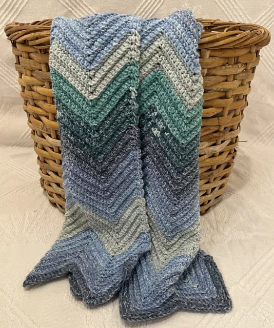 NEW! Grandma’s Crochet Throw/Baby Blanket in Bright Blues/Teal & Chevron Pattern