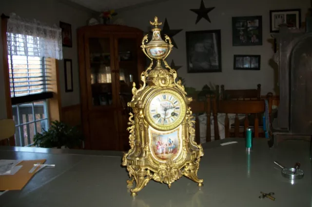 Atq French Gilt Mantel Clock/ Marked "L. Brocot" ~Ormolu & Sevres Porcelain/Runs