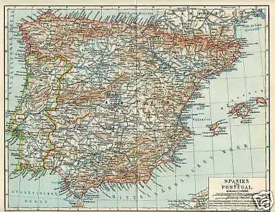 SPANIEN PORTUGAL Mallorca Granada LANDKARTE von 1897 Pyrenäen Balearen