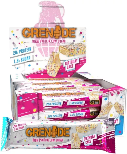 Grenade High Protein Birthday Cake Vanilla Flavoured Bars 12 x 60g 🎂 BBE 06/24.