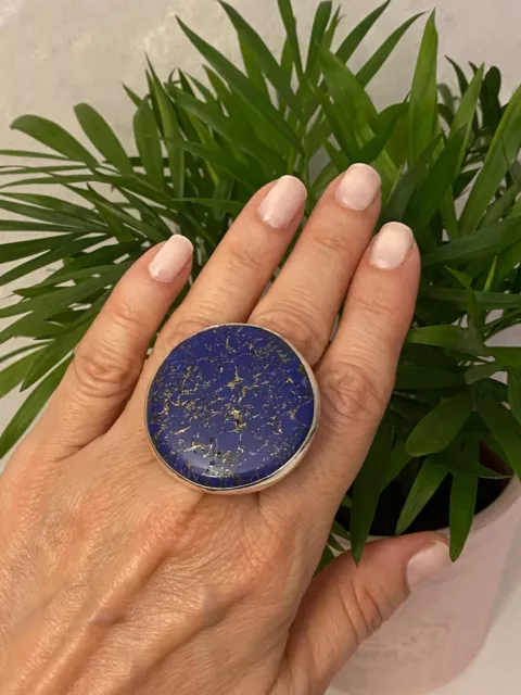Precioso Lapis Lazuli Piedra Preciosa 925 Plata de Ley Hecho a Mano Anillo Todo