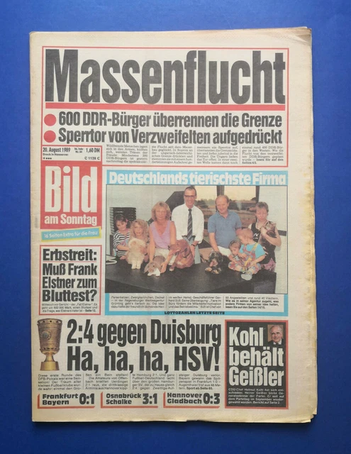 BILD AM SONNTAG - 20.8.1989 - fuite massive 600 citoyens de la RDA ...