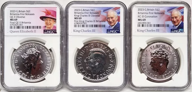 3 coin set 2023 2 pound silver britannia QE II KC III KC III crowned ngc ms69 fr