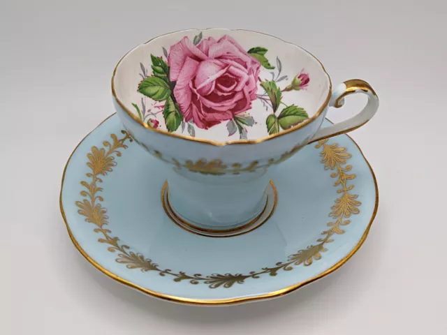 Aynsley Bone China Corset Cabbage Rose Tea Cup & Saucer Light Blue gold Vintage