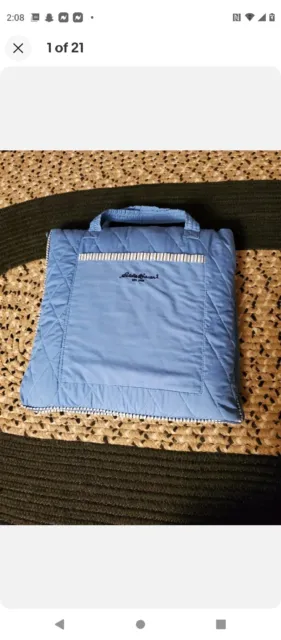 Eddie Bauer Travel Blanket Blue Throw Picnic Zip Up Tote 56” X 57”Handle Quilted