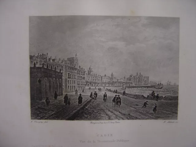 Beautiful engraving of CADIX View of the public promenade Cádiz Spain c1880