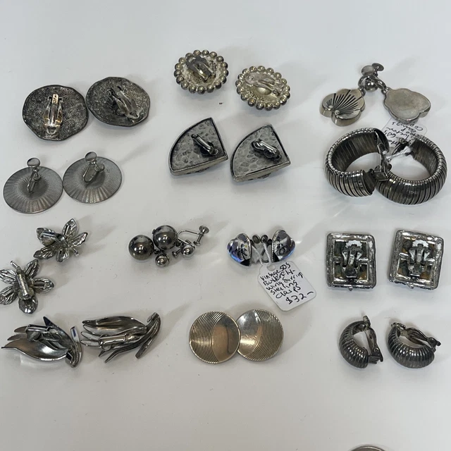 VTG LOT OF 13 Pair Clip On Screw Back Silver Tone Earrings 50s - 80s Costume