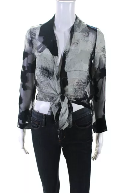 Christian Dior Womens Long Sleeve Sheer Silk Wrap Top Navy Gray Size Small