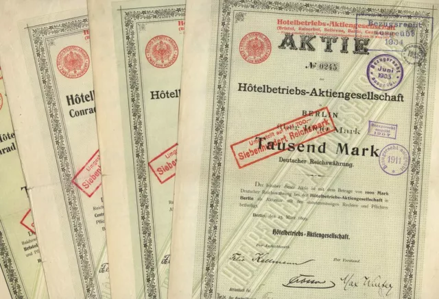 4 Stück: Hotelbetriebs-AG – 4x Aktien à 1000 M von 1899, 1904, 1905 und 1911..3)