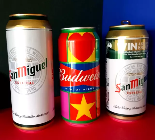 SET x3 EMPTY BEER CANS 440/500ml BUDWEISER PETER BLAKE ENGLAND, SAN MIGUEL SPAIN