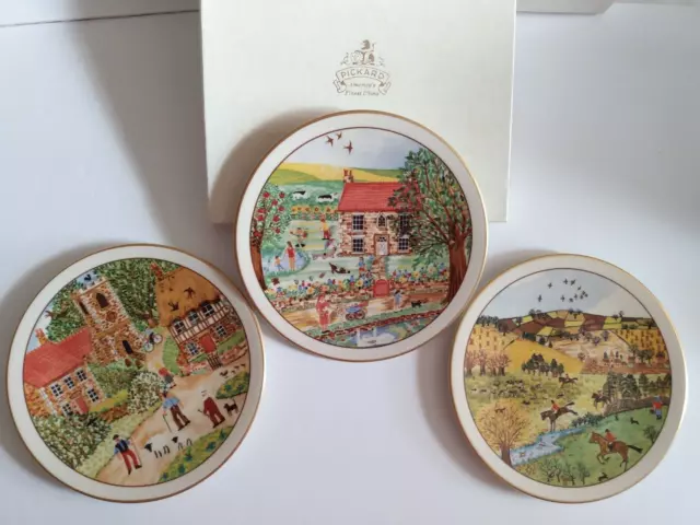 Vintage Pickard China Hand Decorated 8” Village Scenery 3 Plates Original Boxes