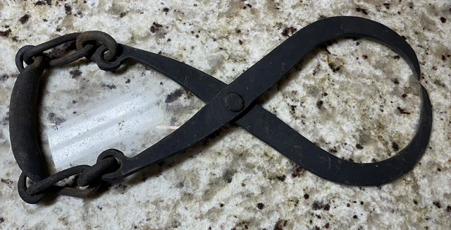 Vintage Steel Log Grabber Steel Ice Block Tongs Metal Hook Tool Chained Handle