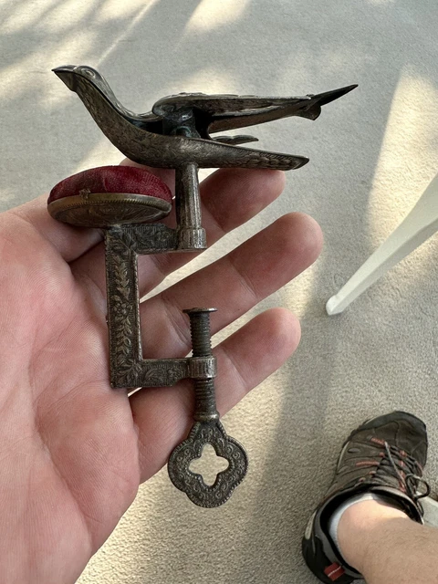 Antique Victorian Figural Brass Sewing Bird Clamp With Pin Cushion 5"