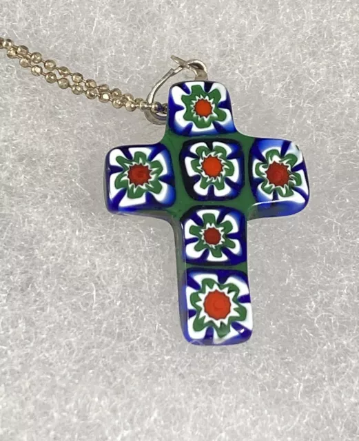 925 Kreuz Italien Millefiori Kreuz Anhänger Perlenkugel Sterling Halskette 17 3/4