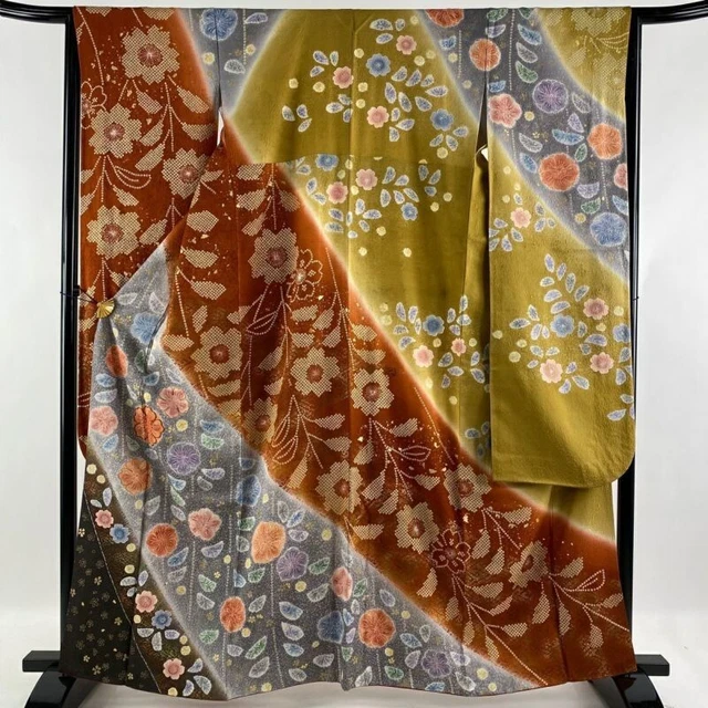 Woman Japanese Kimono Furisode Silk Cherry Blossom Gold Foil Reddish Brown