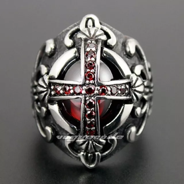 316L Stainless Steel Gothic Punk Rock Mens Ring Goth Big Red CZ Cross Ring 3N002 2